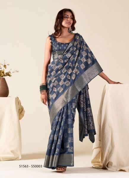 Blue Dola Silk Foil-Printed Saree For Traditional / Religious Occasions