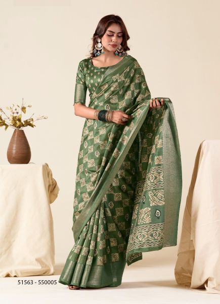 Green Dola Silk Foil-Printed Saree For Traditional / Religious Occasions
