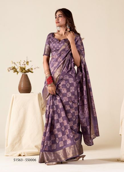 Violet Dola Silk Foil-Printed Saree For Traditional / Religious Occasions