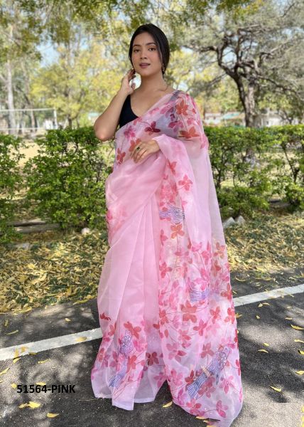 Pink Organza Floral Digitally Printed Saree For Kitty Parties