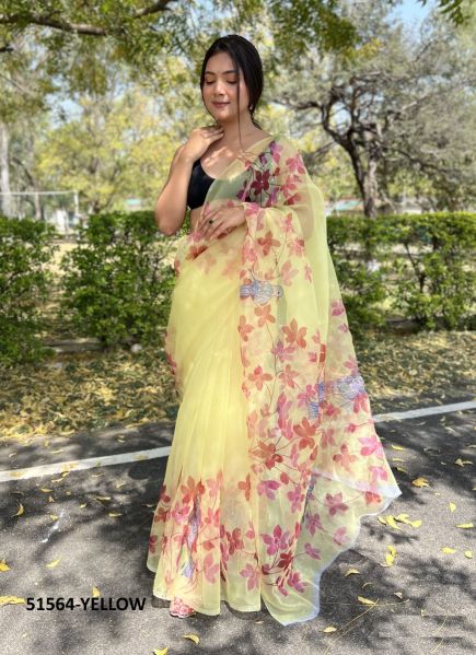 Yellow Organza Floral Digitally Printed Saree For Kitty Parties