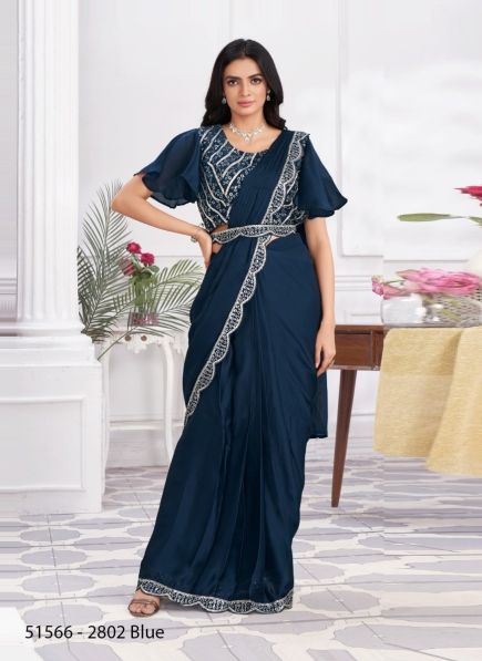 Dark Sea Blue Shimmer Georgette Embroidered Ready-To-Wear Saree For Parties