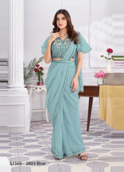 Light Blue Shimmer Georgette Embroidered Ready-To-Wear Saree For Parties