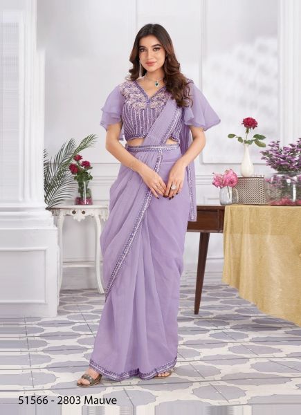 Lilac Shimmer Georgette Embroidered Ready-To-Wear Saree For Parties
