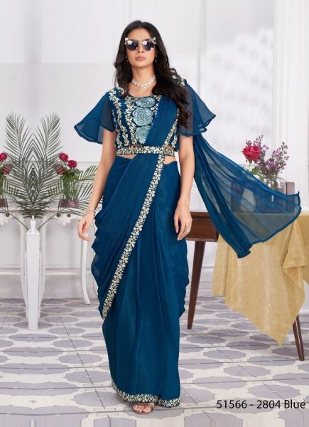Sea Blue Shimmer Georgette Embroidered Ready-To-Wear Saree For Parties