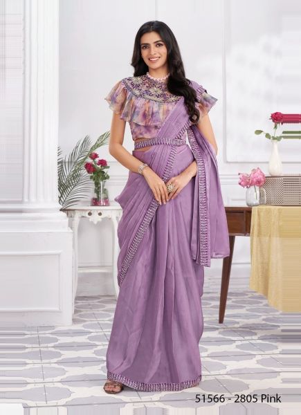 Light Purple Shimmer Georgette Embroidered Ready-To-Wear Saree For Parties