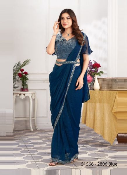 Sea Blue Shimmer Georgette Embroidered Ready-To-Wear Saree For Parties