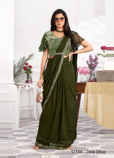 Olive Green Shimmer Georgette Embroidered Ready-To-Wear Saree For Parties