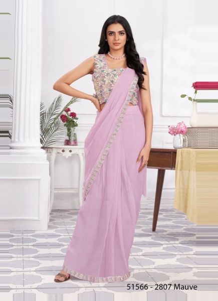 Light Lilac Shimmer Georgette Embroidered Ready-To-Wear Saree For Parties