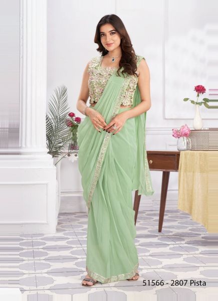Light Green Shimmer Georgette Embroidered Ready-To-Wear Saree For Parties