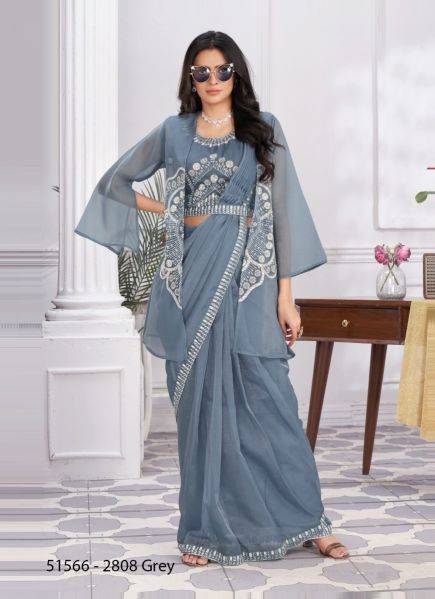 Blue Gray Shimmer Georgette Embroidered Ready-To-Wear Saree For Parties