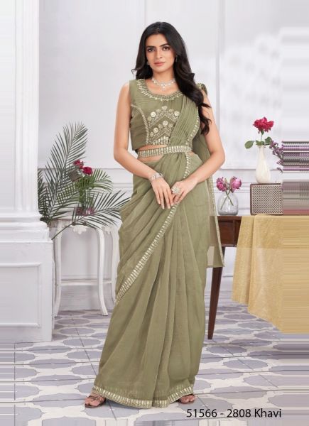 Moss Green Shimmer Georgette Embroidered Ready-To-Wear Saree For Parties