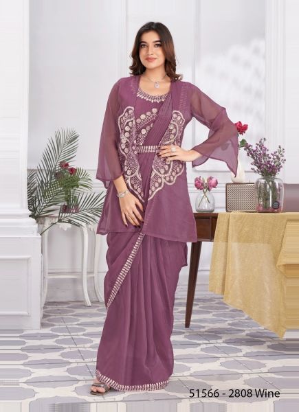 Wine Shimmer Georgette Embroidered Ready-To-Wear Saree For Parties