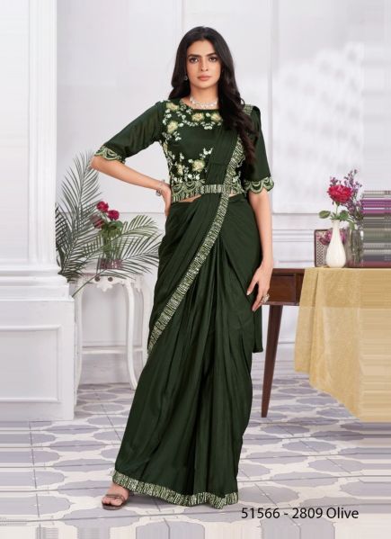 Bottle Green Shimmer Georgette Embroidered Ready-To-Wear Saree For Parties