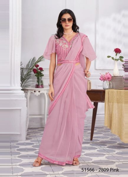 Pink Shimmer Georgette Embroidered Ready-To-Wear Saree For Parties