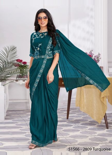 Teal Blue Shimmer Georgette Embroidered Ready-To-Wear Saree For Parties