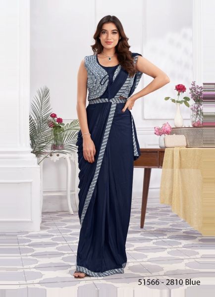 Blue Shimmer Georgette Embroidered Ready-To-Wear Saree For Parties