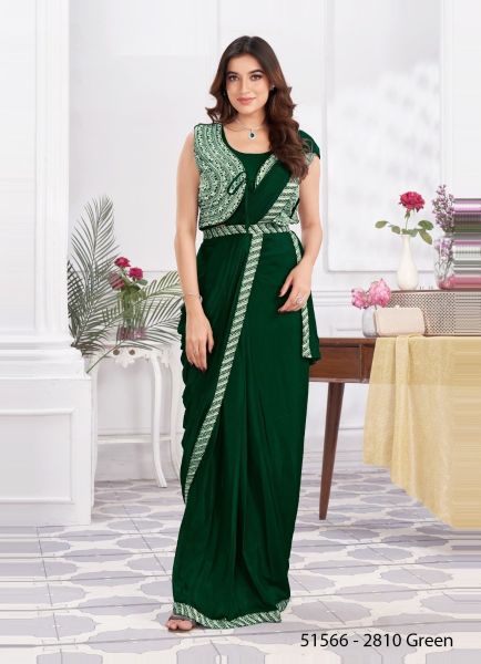 Green Shimmer Georgette Embroidered Ready-To-Wear Saree For Parties