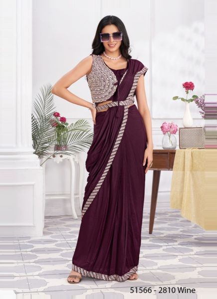 Wine Shimmer Georgette Embroidered Ready-To-Wear Saree For Parties