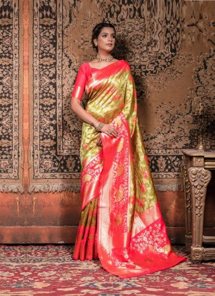 Lemon Green Weaving Festive-Wear Banarasi Silk Saree