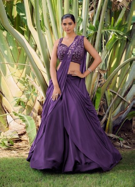 Violet Silk Handwork Wedding-Wear Readymade Crop-Top Lehenga Choli