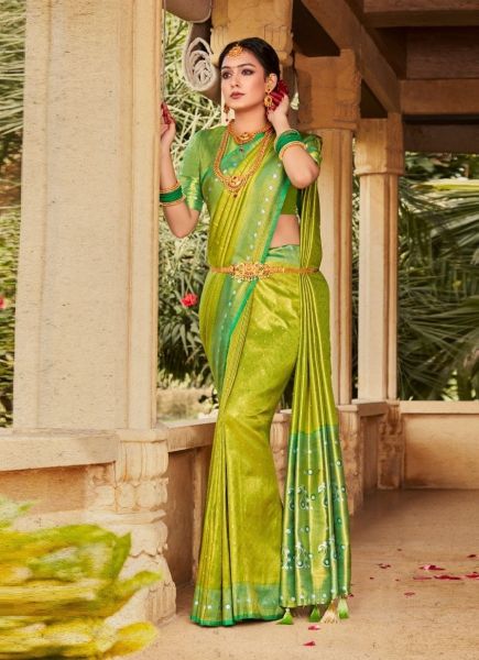 Lime Green Woven Kanjivaram Silk Saree For Traditional / Religious Occasions