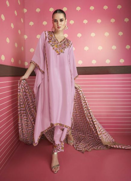 Pink Silk Satin Thread-Work Party-Wear Readymade Kaftan With Bottom & Dupatta