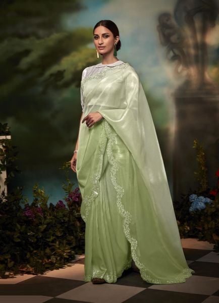 Vibrant Light Sage Green Organza Silk Party-Wear Saree With Stone-Work