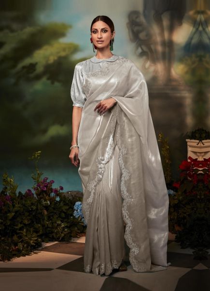 Vibrant Silver Gray Organza Silk Party-Wear Saree With Stone-Work