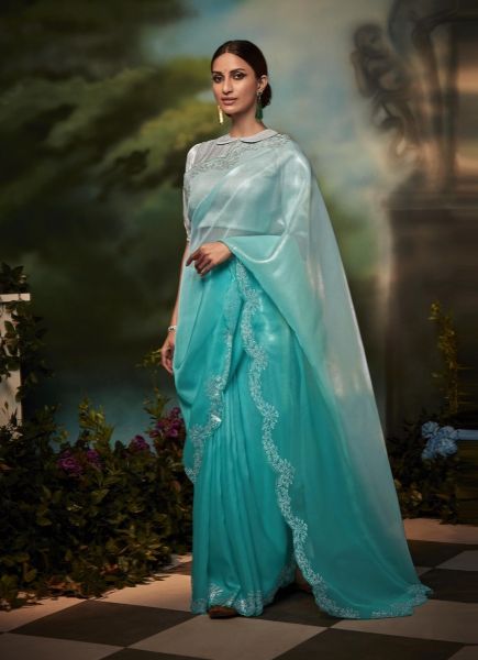 Vibrant Light Teal Blue Organza Silk Party-Wear Saree With Stone-Work