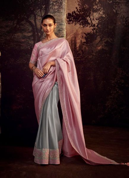 Silver & Pink Organza Embroidered Party-Wear Saree