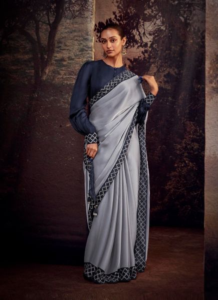 Light Steel Blue Organza Embroidered Party-Wear Saree