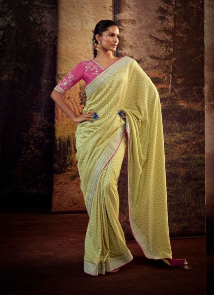 Yellow Organza Embroidered Party-Wear Saree