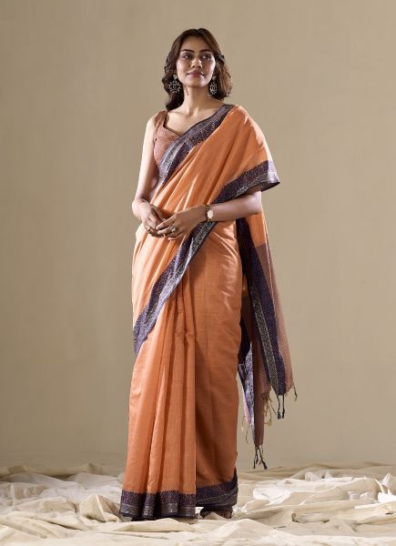 Coral Woven Cotton Handloom Saree For Traditional / Religious Occasions