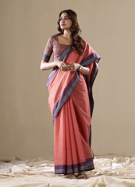 Light Red Woven Cotton Handloom Saree For Traditional / Religious Occasions