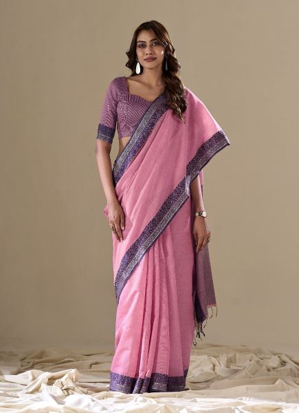 Pink Woven Cotton Handloom Saree For Traditional / Religious Occasions