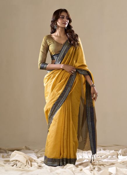 Yellow Woven Cotton Handloom Saree For Traditional / Religious Occasions