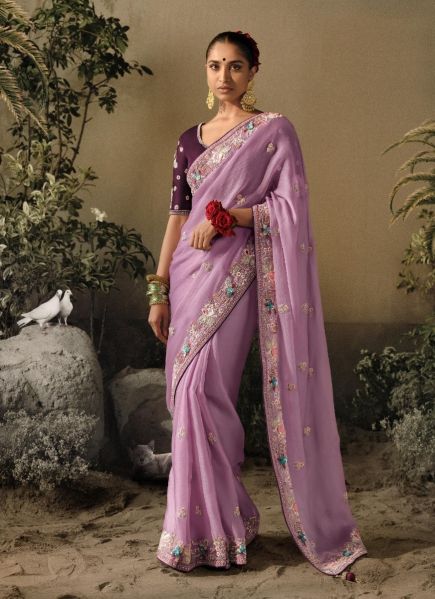 Lilac Organza Satin Silk Hand Embroidered Wedding-Wear Saree