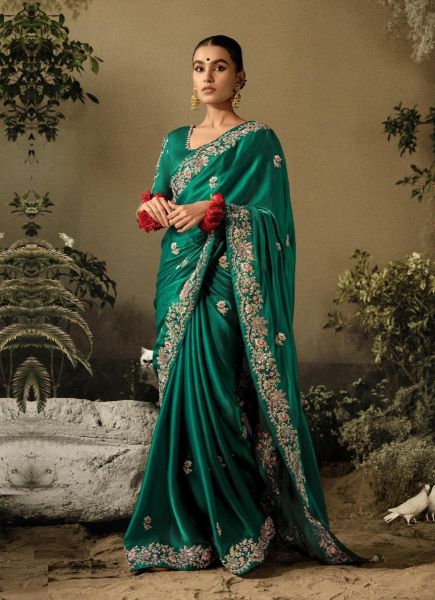 Teal Green Organza Satin Silk Hand Embroidered Wedding-Wear Saree