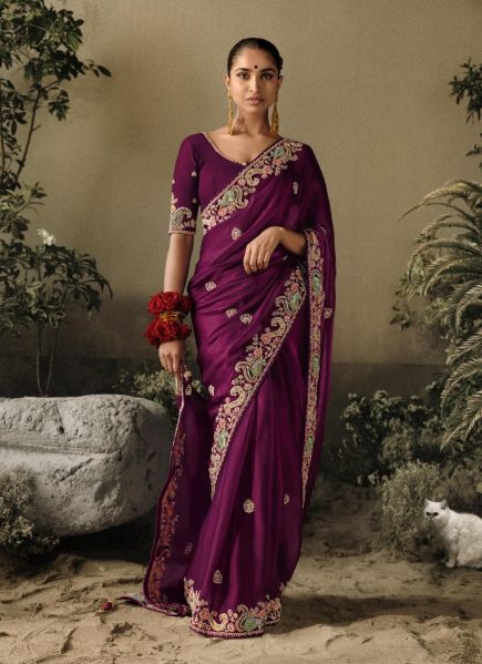 Purple Organza Satin Silk Hand Embroidered Wedding-Wear Saree