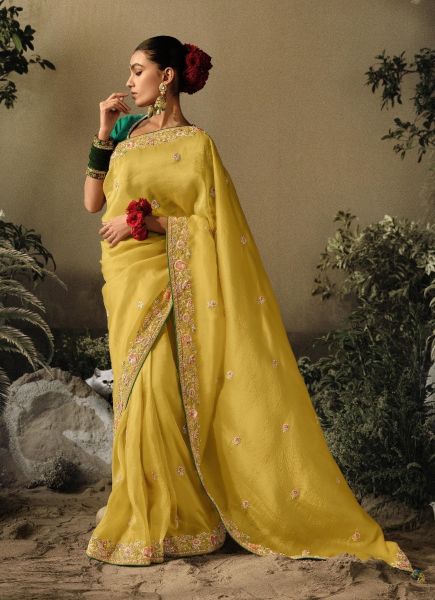 Mustard Yellow Organza Satin Silk Hand Embroidered Wedding-Wear Saree