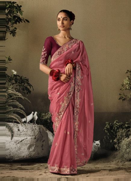 Dark Pink Organza Satin Silk Hand Embroidered Wedding-Wear Saree