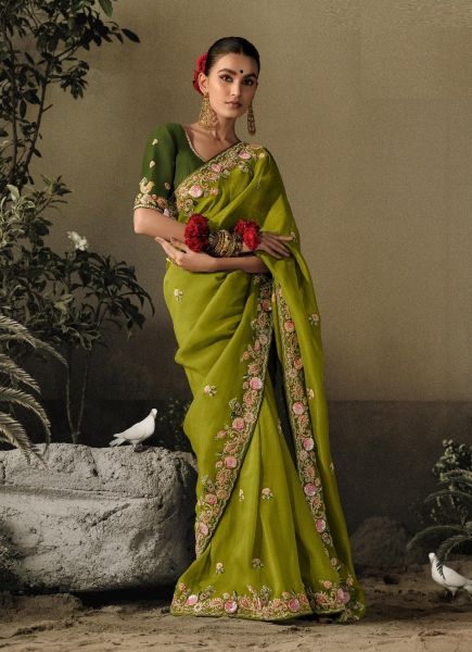 Olive Green Organza Satin Silk Hand Embroidered Wedding-Wear Saree