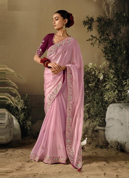 Pink Organza Satin Silk Hand Embroidered Wedding-Wear Saree