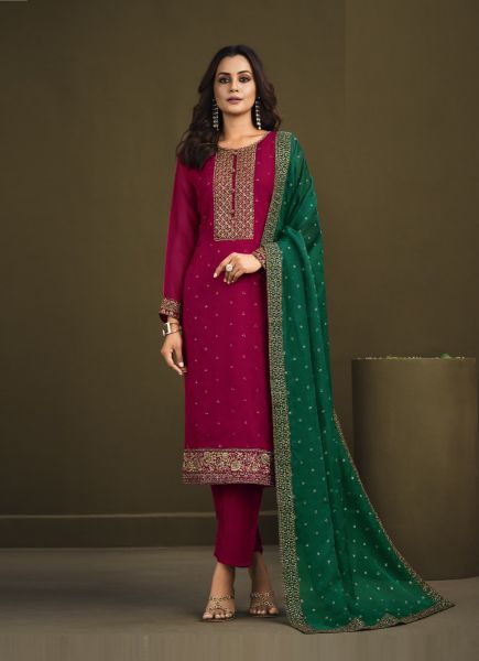 Wine Red & Green Soft Organza Zarkan-Work Salwar Kameez For Traditional / Religious Occasions
