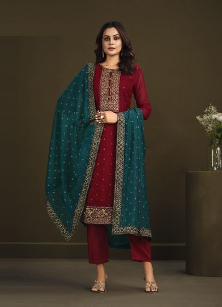 Red & Sea Blue Soft Organza Zarkan-Work Salwar Kameez For Traditional / Religious Occasions