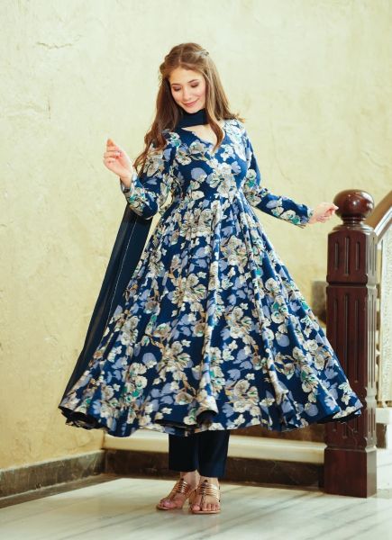 Blue Micro Cotton Printed Party-Wear Readymade Anarkali Kurti With Bottom