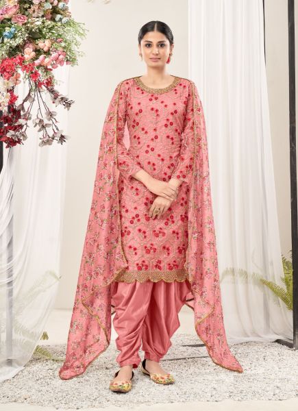Pink Net Thread-Work Party-Wear Patiala Salwar Kameez