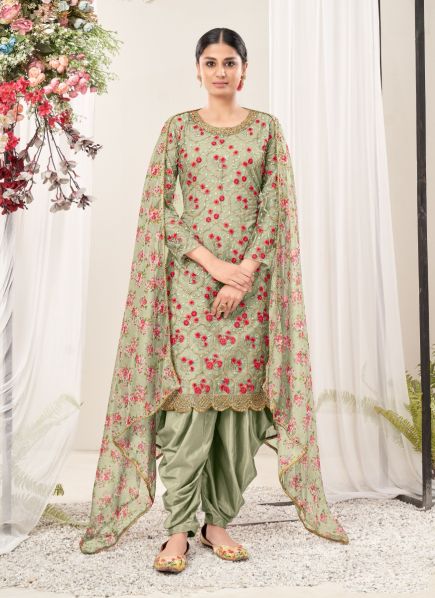 Light Green Net Thread-Work Party-Wear Patiala Salwar Kameez