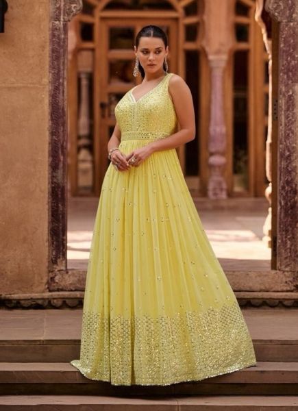 Yellow Georgette Mirror-Work Party-Wear Readymade Gown With Dupatta